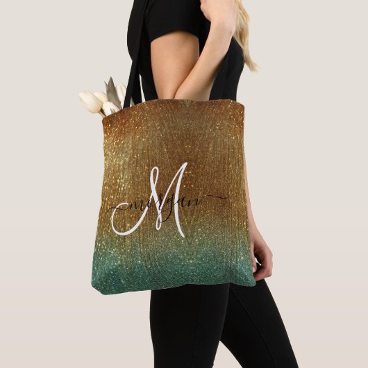 Holografisch goud Glitter Monogram Tote Bag (Dichtbij)