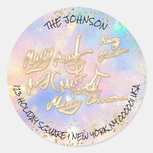 Holografisch Goud Vrolijk Kerstmis RSVP Naam Adres Ronde Sticker (Voorkant)