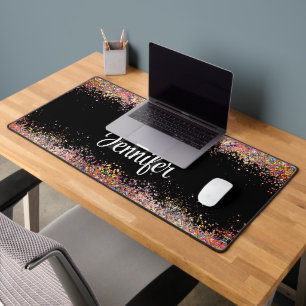 Holografisch Gouden Glitter Monogram Zwarte Glitte Bureaumat