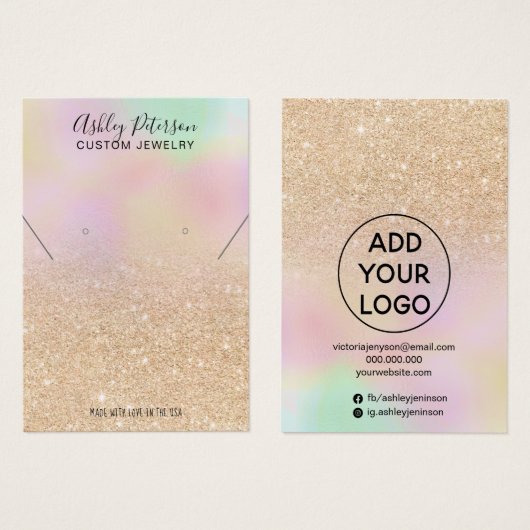 Holografisch goudglitter oorscherm ketting visitekaartje (Voorkant /achterkant)