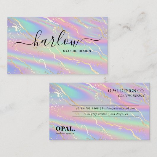 Holografisch Iridescent Opal Stone Gold Marble Visitekaartje (Voorkant / Achterkant)