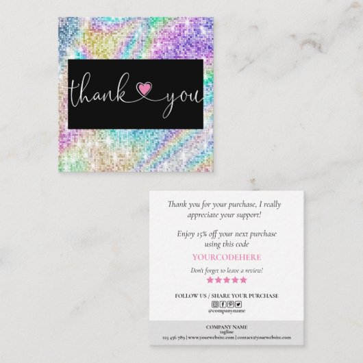 holografisch manuscripthart bedankt u voor uw orde vierkante visitekaartje (Voorkant / Achterkant)