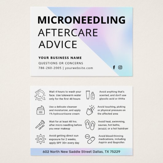 Holografisch Microneedling Aftercare Advice Kaart (Voorkant /achterkant)