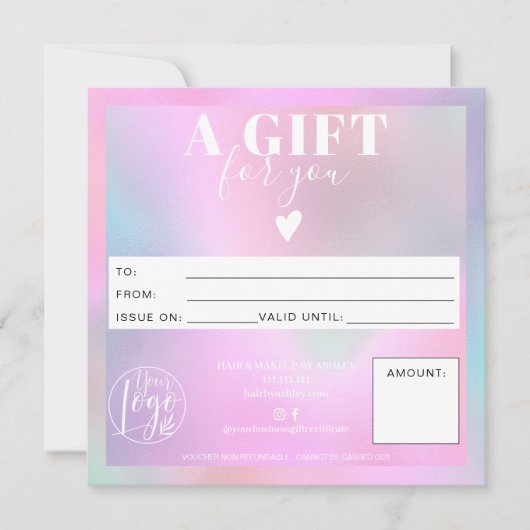Holografisch modern vierkant cadeauboncertificaat  (Voorkant)