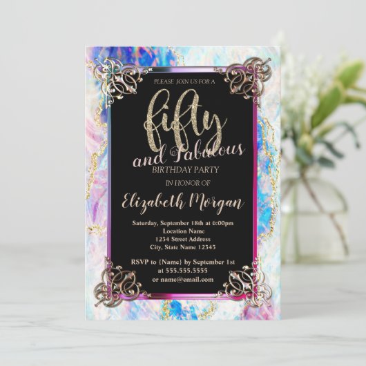 Holografisch opal, Border 50th Birthday Kaart (Staand voorkant)