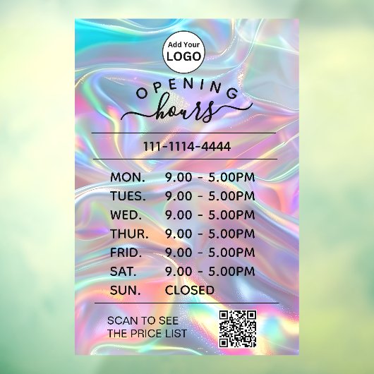 Holografisch openingsuren logo en QR-code Raamsticker (Vel 3)