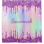 Holografisch paars glitter druppelt roze monogram douchegordijn (Voorkant)