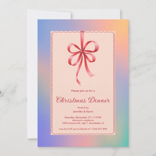 Holografisch Red Bow Elegant Kerstdiner Feestdagenkaart (Voorkant)