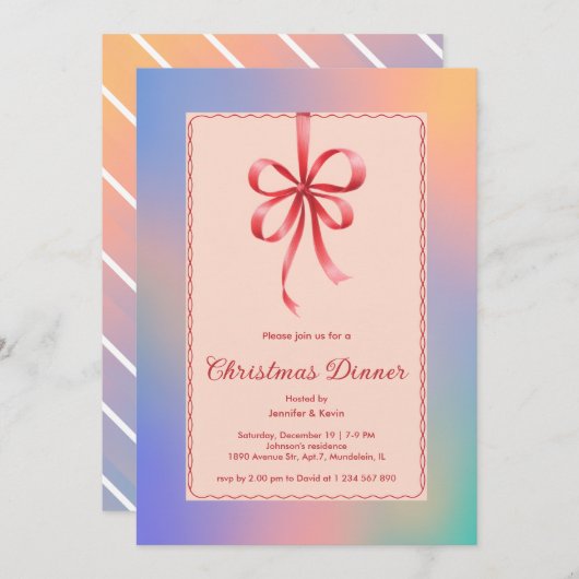 Holografisch Red Bow Elegant Kerstdiner Feestdagenkaart (Voorkant / Achterkant)