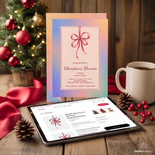 Holografisch Red Bow Elegant Kerstdiner Feestdagenkaart