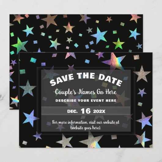 Holografisch regenboogstars Verloving Save The Date (Voorkant / Achterkant)