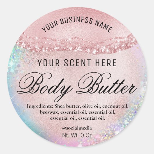 Holografisch Roos Gouden Pastel Roze Body Butter Ronde Sticker (Voorkant)