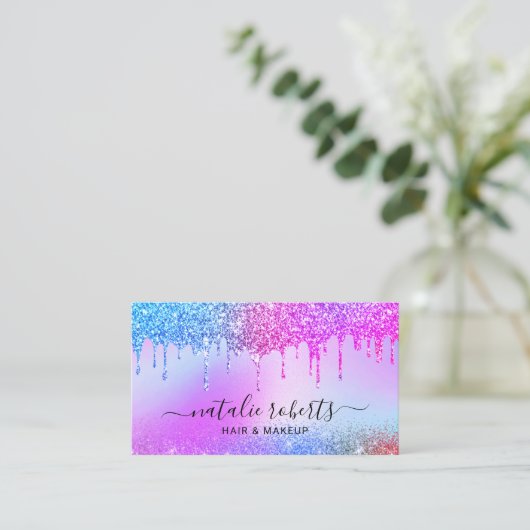 Holografisch roze blauw glitter drijft zout en spa visitekaartje (Staand voorkant)