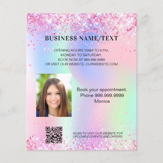 Holografisch roze foto qr code business flyer (Voorkant)