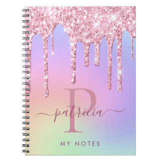Holografisch roze glitter druist elegant monogram notitieboek