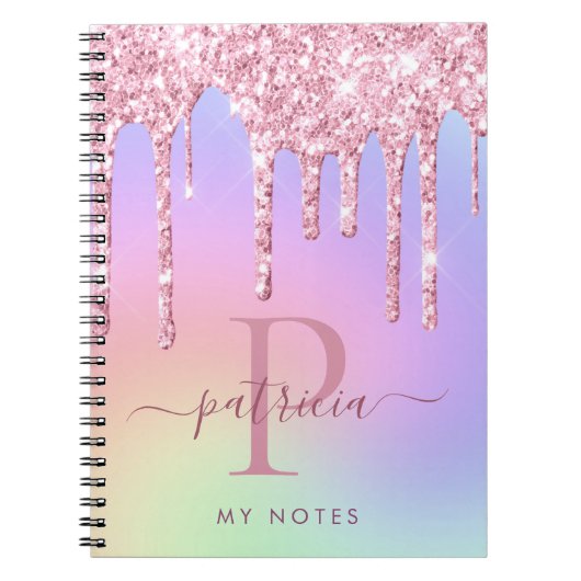 Holografisch roze glitter druist elegant monogram notitieboek (Voorkant)