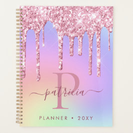 Holografisch roze glitter druist elegant monogram planner