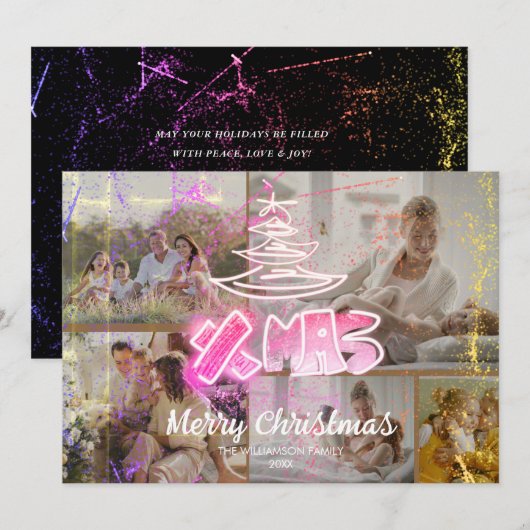 Holografisch roze Grafische Pasjes Gloed 5 Foto's Feestdagenkaart (Voorkant / Achterkant)