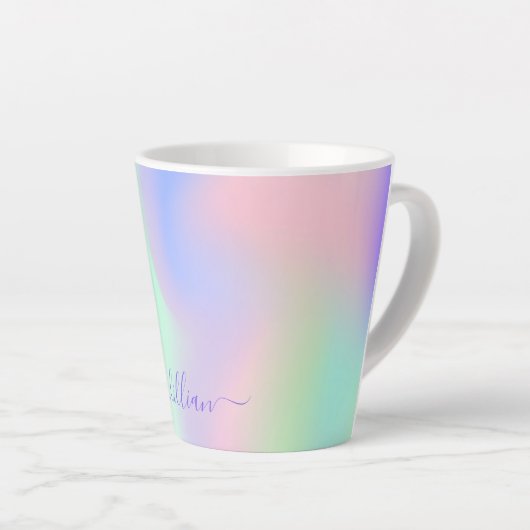 Holografisch roze groene regenboogmonogram latte mok (Rechterhoek)