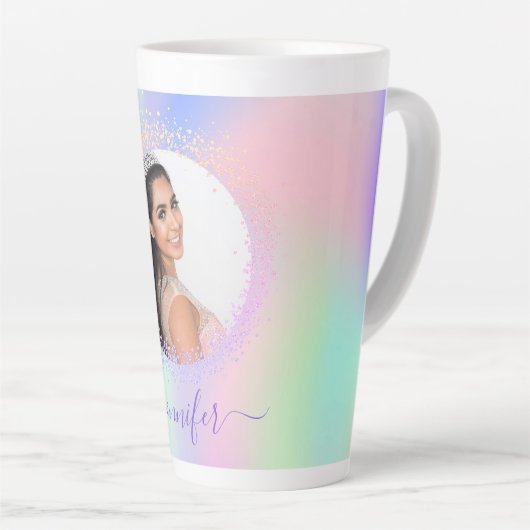 Holografisch roze paars naamscript latte mok (Rechterhoek)