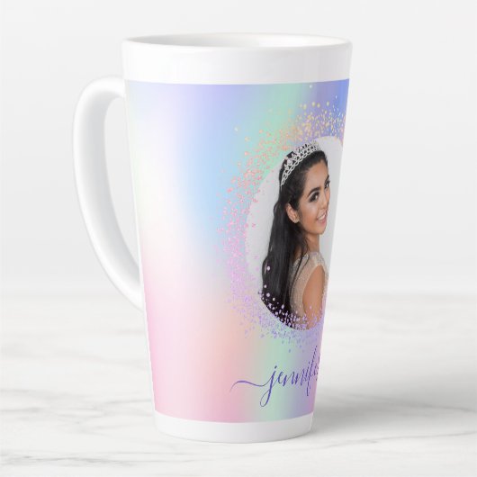 Holografisch roze paars naamscript latte mok (Linkerhoek)