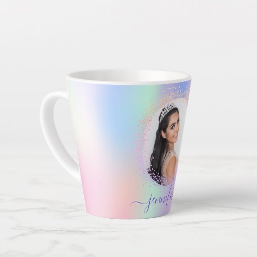 Holografisch roze paars naamscript latte mok (Linkerhoek)