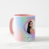 Holografisch roze paars naamscript mok (Voorkant links)