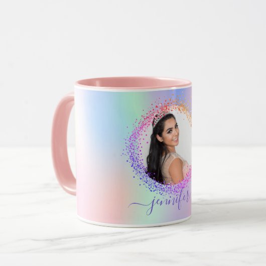 Holografisch roze paars naamscript mok (Voorkant links)