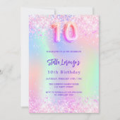 Holografisch roze paarse druppels 10e verjaardag kaart (Voorkant)