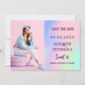 Holografisch roze paarse foto script Sweet 16 Save The Date (Voorkant)