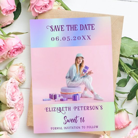 Holografisch roze paarse foto script Sweet 16 Save The Date