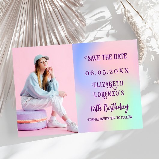 Holografisch roze paarse foto script verjaardag save the date