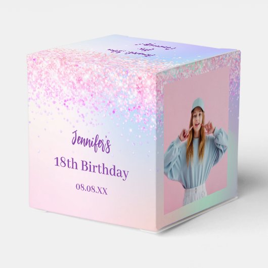 Holografisch roze paarse foto verjaardagsfeestje bedankdoosjes (Achterkant)