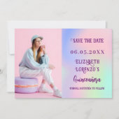 Holografisch roze paarse fotoscript Quinceanera Save The Date (Voorkant)