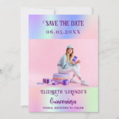 Holografisch roze paarse fotoscript Quinceanera Save The Date (Voorkant)