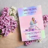 Holografisch roze paarse fotoscript Quinceanera Save The Date