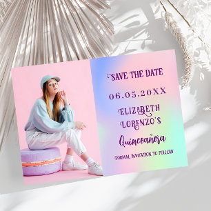 Holografisch roze paarse fotoscript Quinceanera Save The Date
