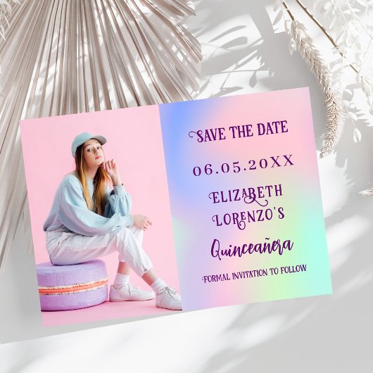 Holografisch roze paarse fotoscript Quinceanera Save The Date