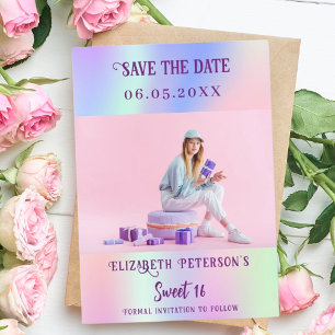 Holografisch roze paarse fotoscript Sweet 16 Save The Date
