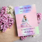 Holografisch roze paarse fotoscript verjaardag save the date