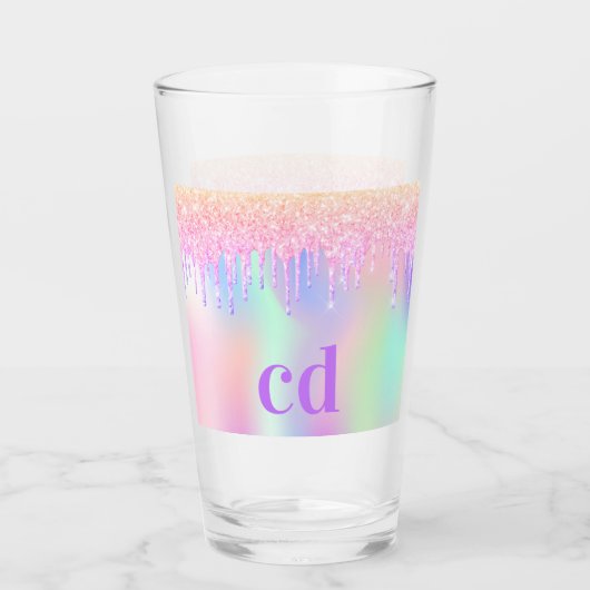Holografisch roze paarse glitter druppelt monogram glas (Voorkant)