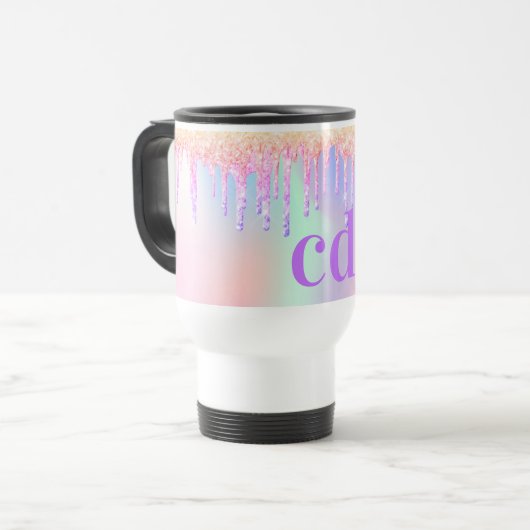 Holografisch roze paarse glitter druppelt monogram reisbeker (Voorkant links)