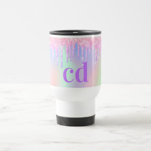 Holografisch roze paarse glitter druppelt monogram reisbeker