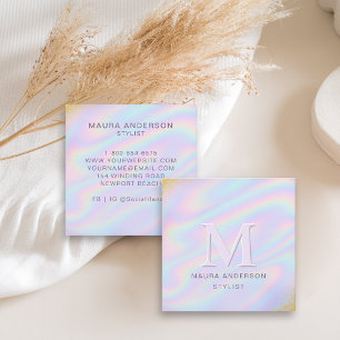 Holografisch Roze Paarse Moderne Monogram Elegant Vierkante Visitekaartje