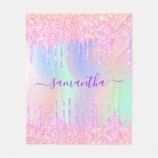 Holografisch roze paarse monogram script druppels fleece deken (Voorkant)