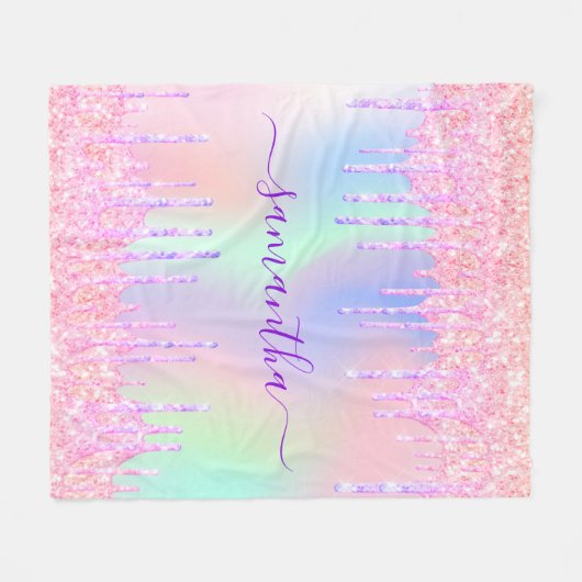 Holografisch roze paarse monogram script druppels fleece deken (Voorkant (Horizontaal))