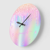 Holografisch unicorn glitter drip regenboogmonogra grote klok (Hoek)