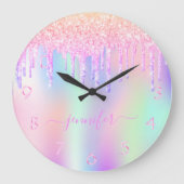 Holografisch unicorn glitter drip regenboogmonogra grote klok (Voorkant)