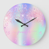 Holografisch unicorn glitter regenboogmonogram grote klok (Voorkant)