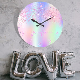 Holografisch unicorn glitter regenboogmonogram grote klok